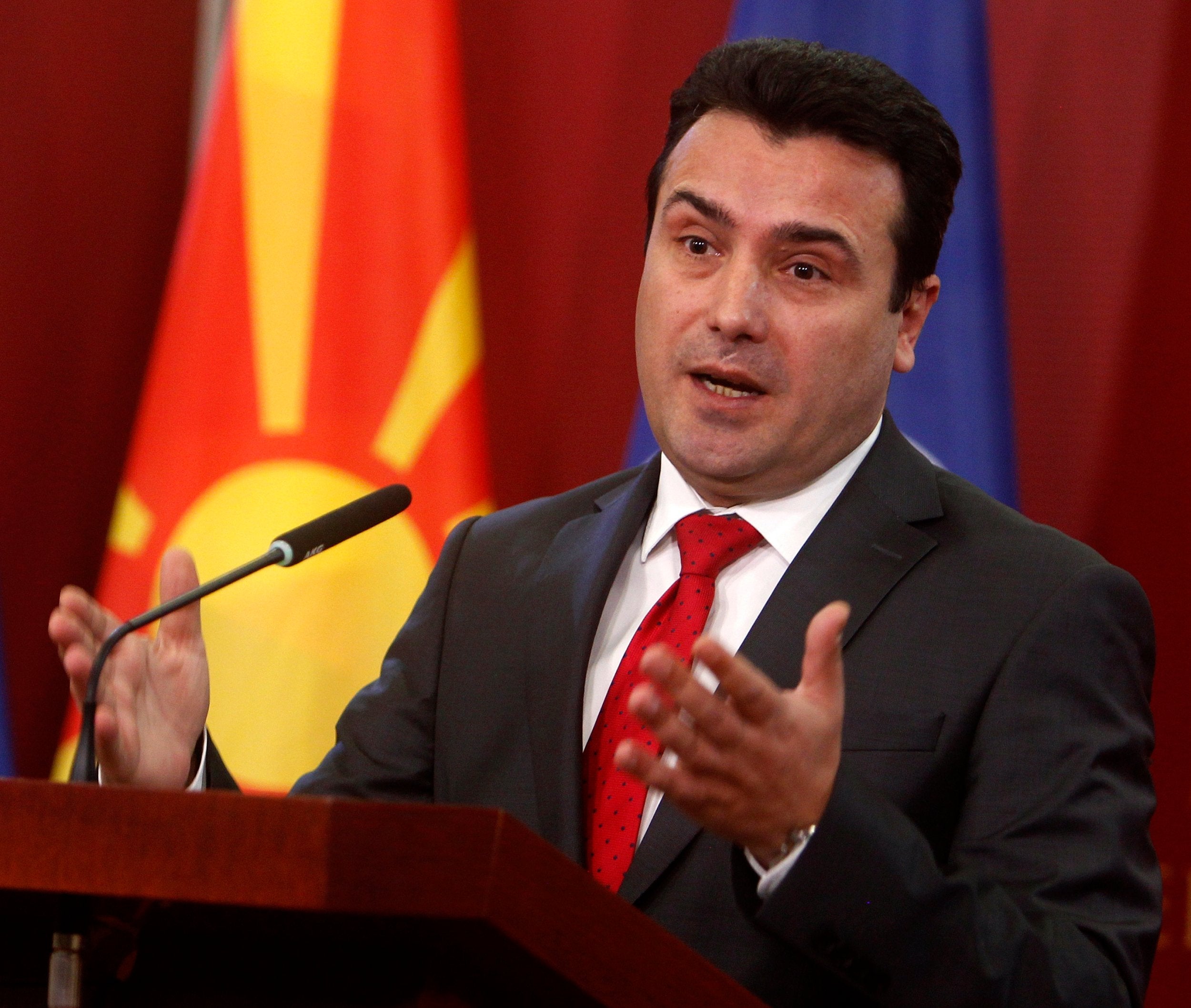 Prime Minister Zoran Zaev talks to the media during a news conference at a government building in Skopje, Macedonia
