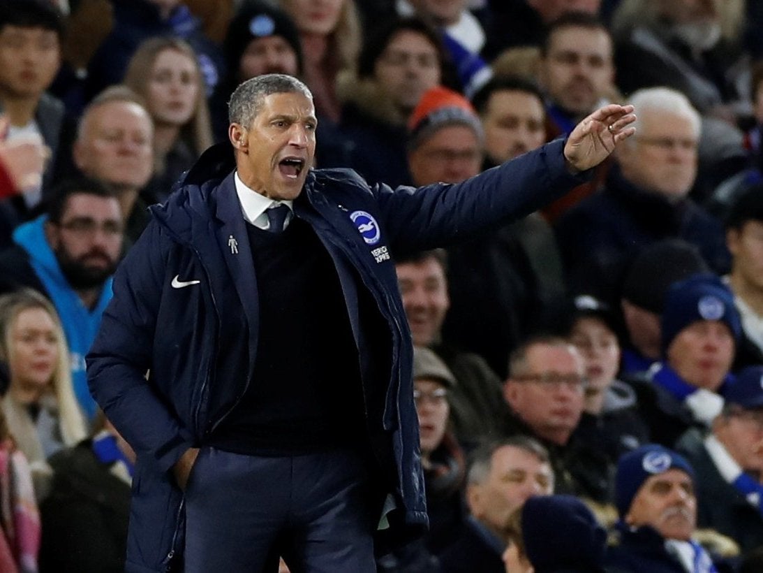 Chris Hughton appeals for a decision in favour of his Brighton side