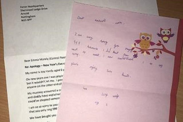 Six-year-old Izzy Vardy, from Annesley, Nottinghamshire, wrote a letter of apology to police after accidentally calling 999 on New Year's Eve.