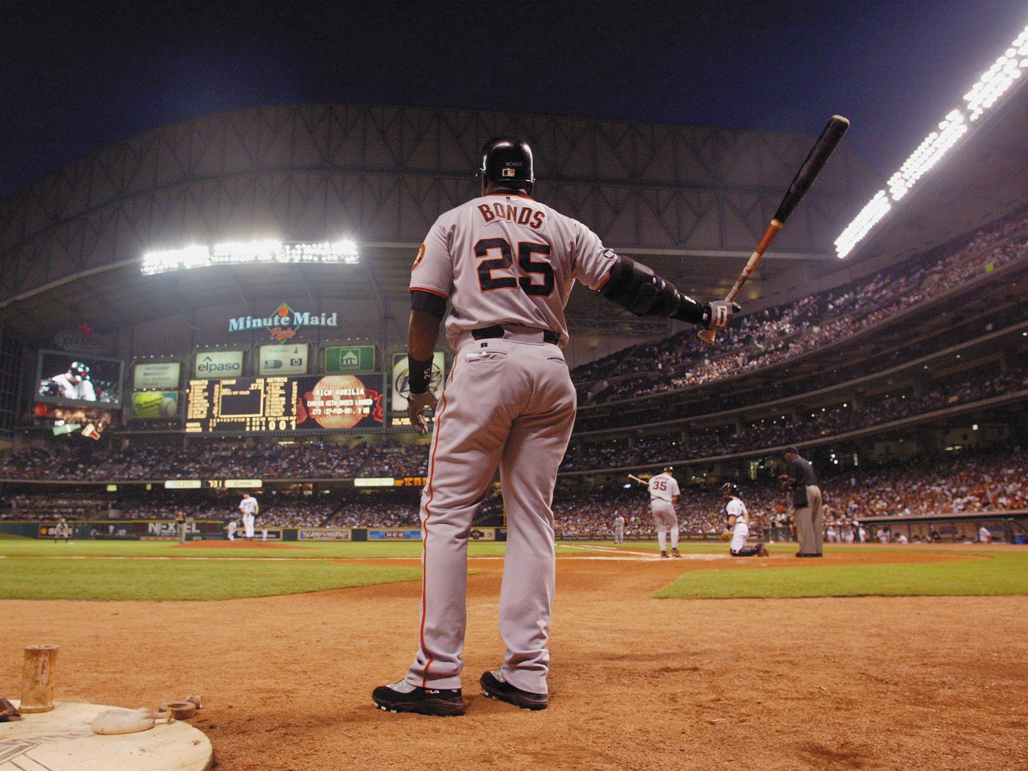 San Francisco Giants’ Barry Bonds warms up in the on-deck circle prior to batting during a game against the Houston Astros in 2003 (Getty)