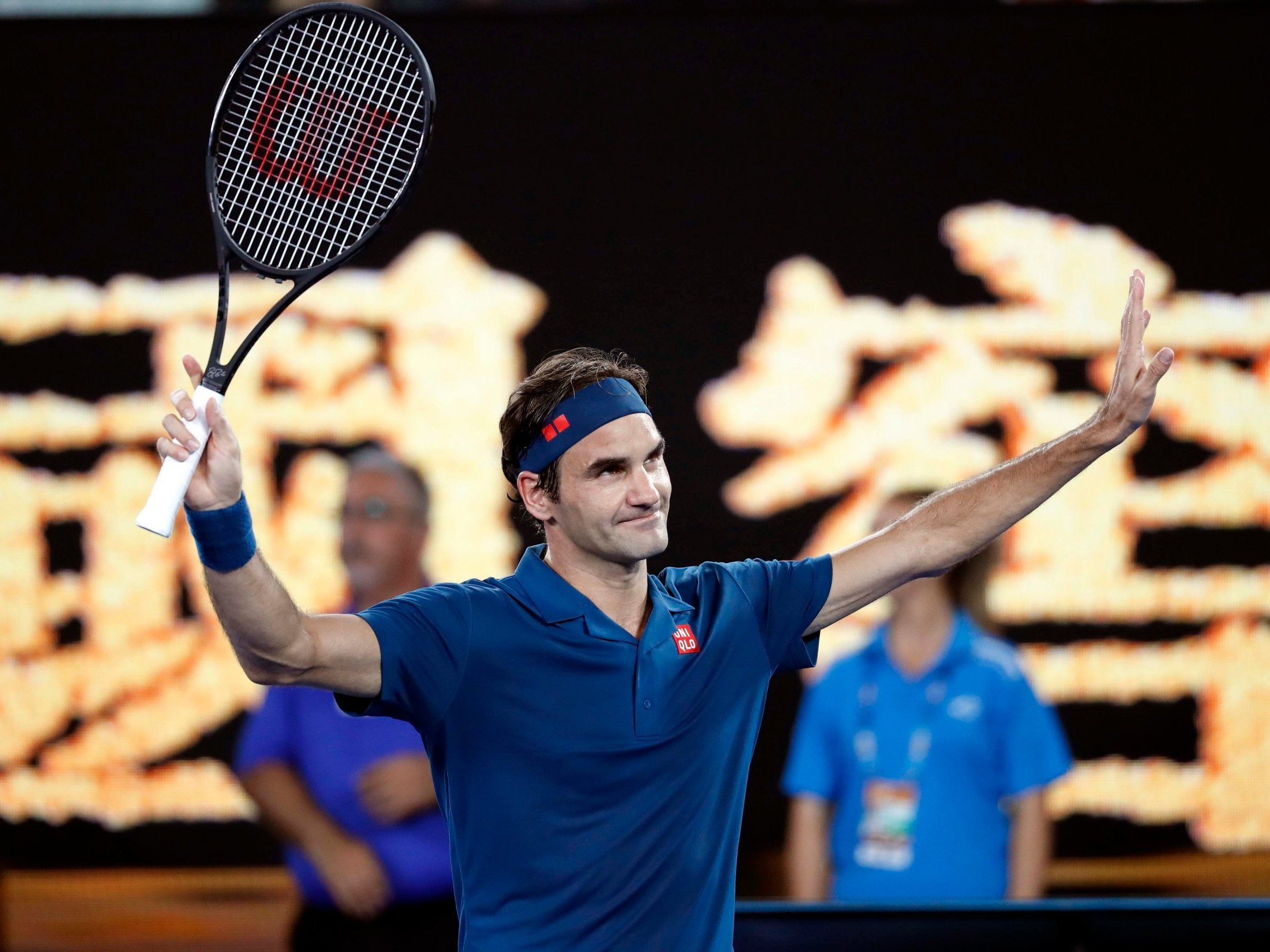 Roger Federer celebrates after his victory over Denis Istomin
