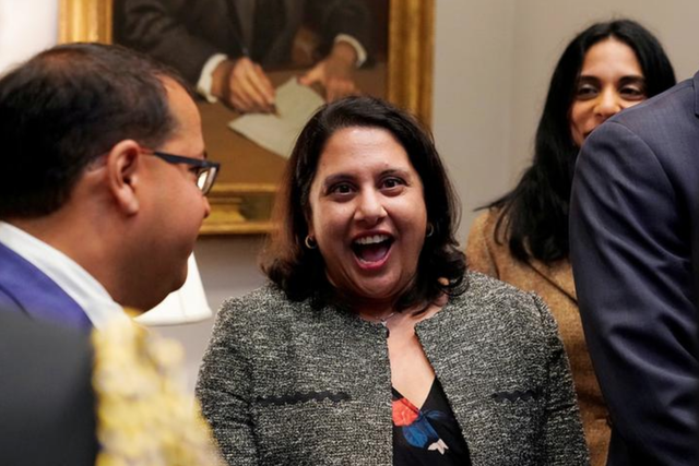 Neomi Rao, the administrator of the White House Office of Information and Regulatory Affairs, reacts after U.S. President Donald Trump announced that he is nominating her to replace Supreme Court Justice Brett Kavanaugh on the DC Circuit Court of Appeals during a Diwali ceremonial lighting of the Diya at the White House in Washington, US 13 November 2018.