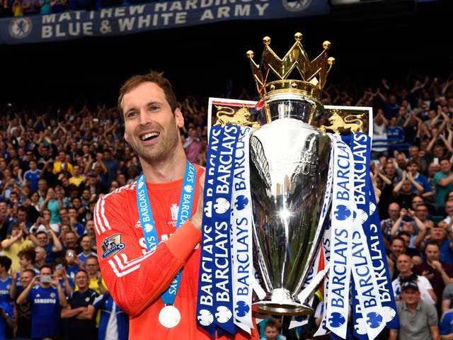 Petr Cech of Chelsea celebrates with the trophy