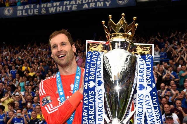 Petr Cech of Chelsea celebrates with the trophy