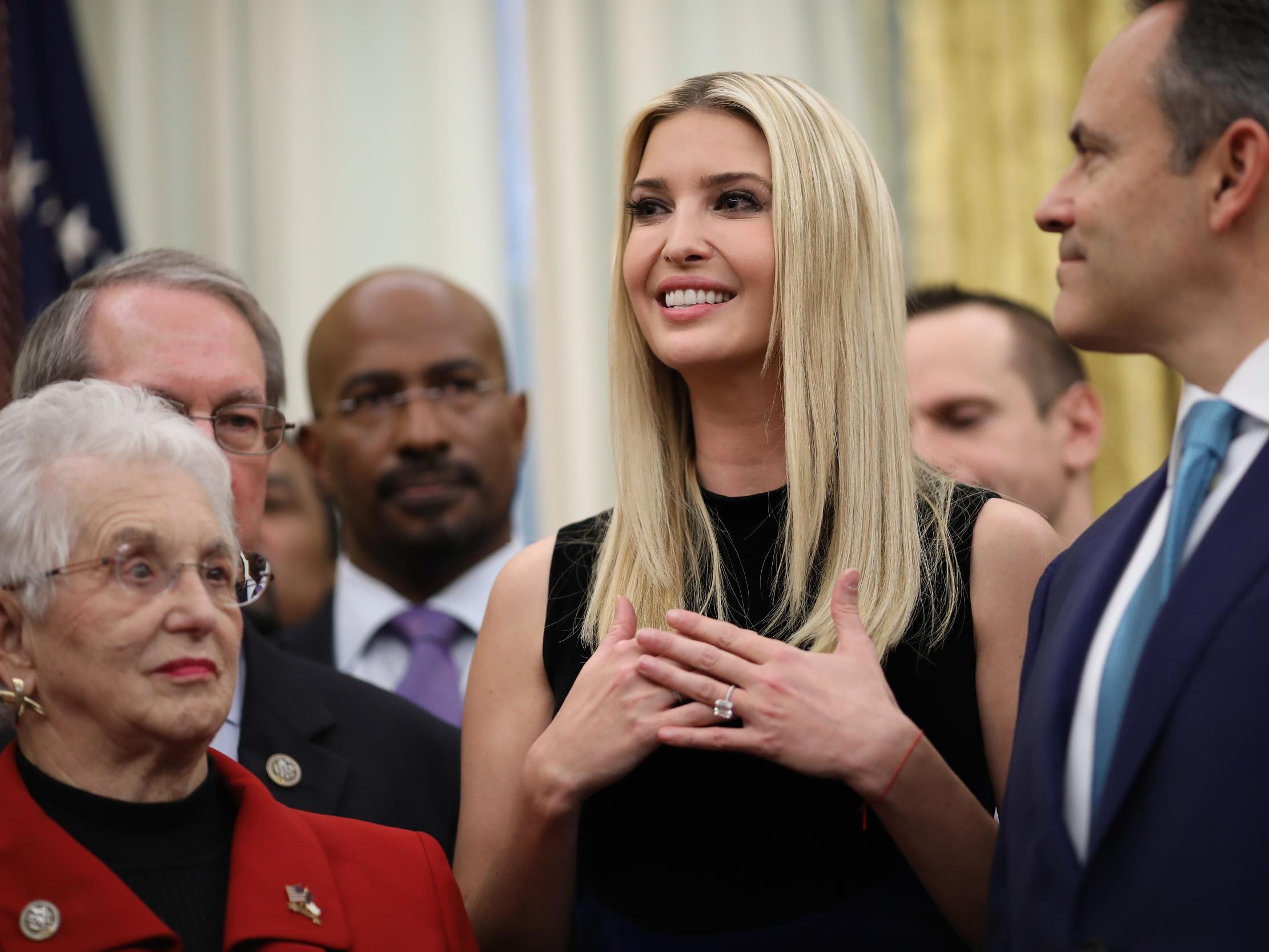 Ivanka Trump delivers remarks during the signing ceremony for the First Step Act and the Juvenile Justice Reform Act in the Oval Office of the White House, 21 December 2018, Washington, DC.