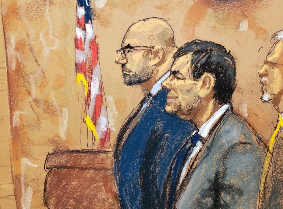 Accused Mexican drug lord Joaquin "El Chapo" Guzman and Defense attorney A. Eduardo Balarezo (left) are seen during Guzman's trial, in this courtroom sketch in Brooklyn federal court in New York, US, 3 January, 2019.
