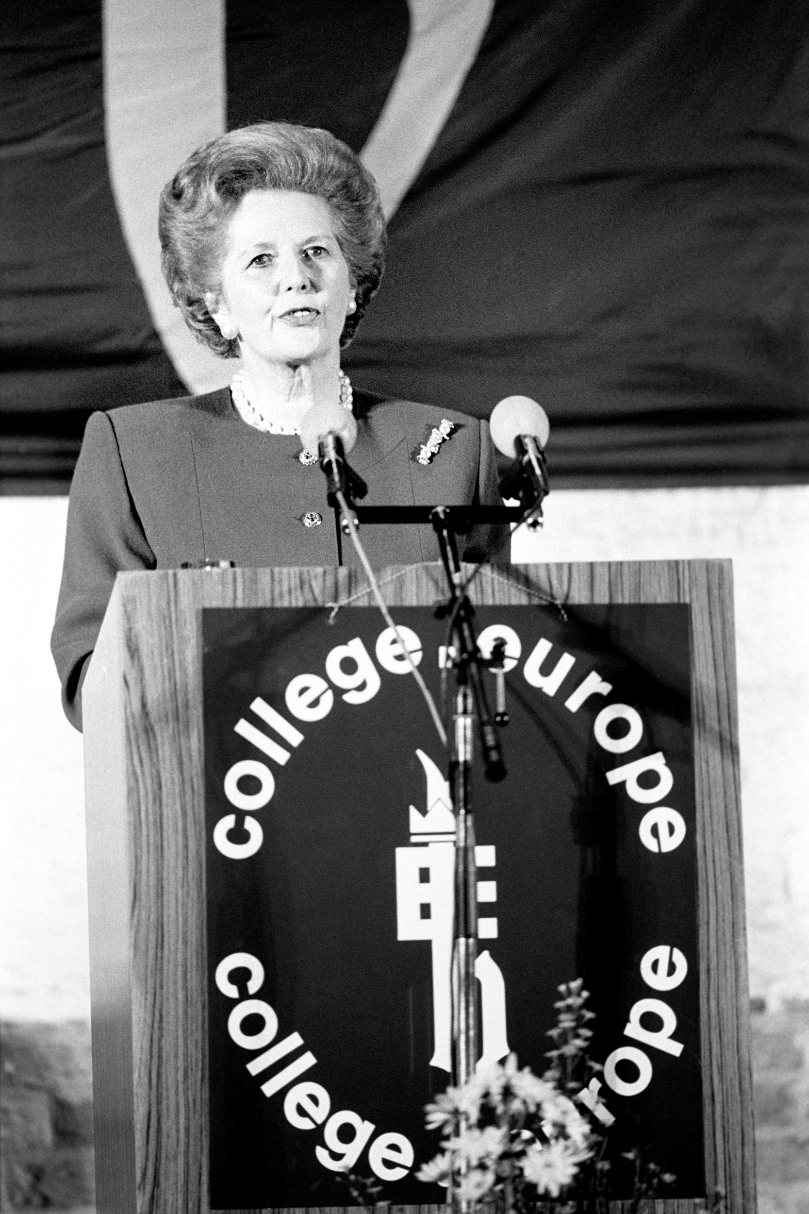 Margaret Thatcher addressing the College of Europe in Bruges, 1988