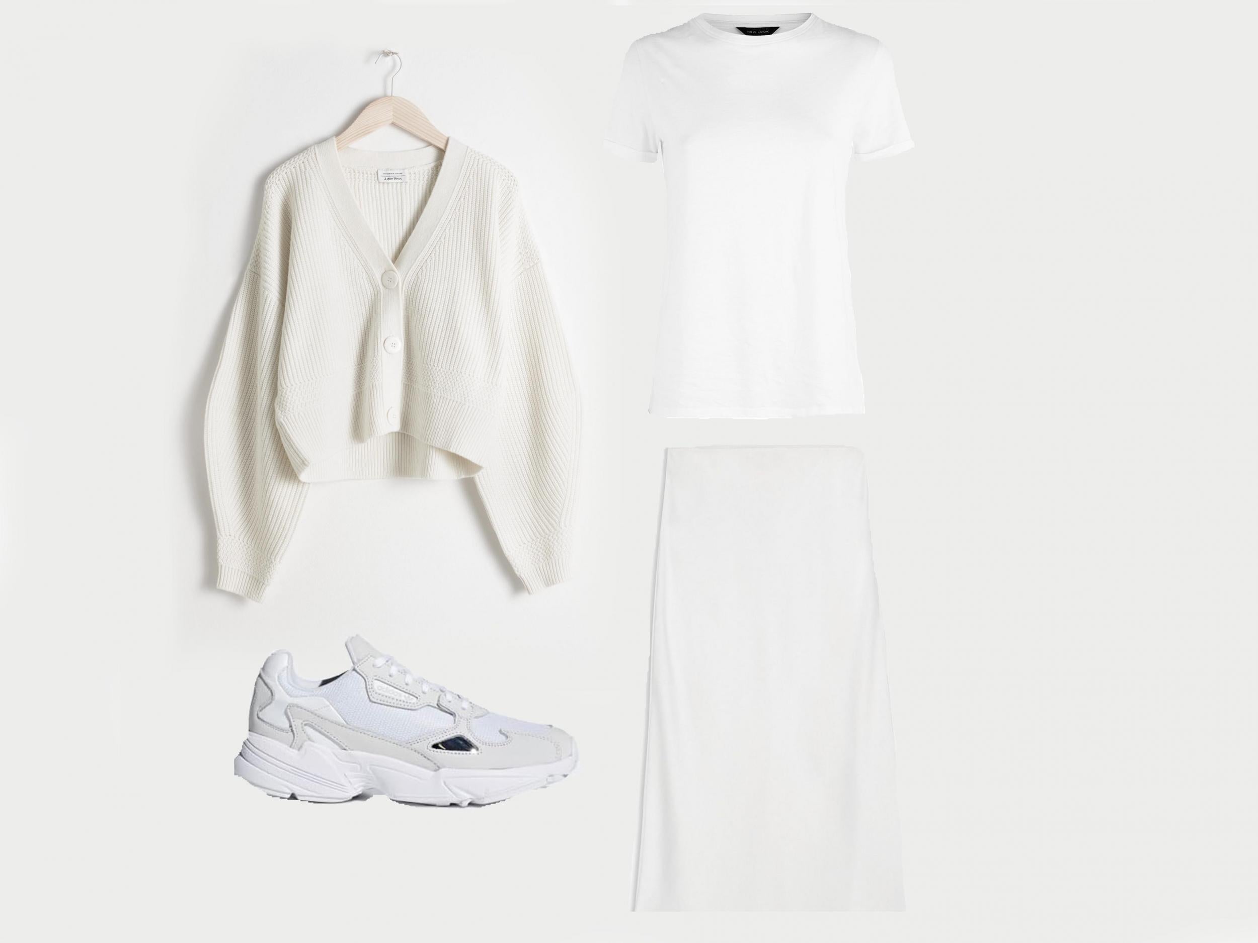 White Roll Sleeve T-Shirt, £6.99, New Look; Satin Bias Midi Skirt, £29, Topshop; Cropped Cardigan, £69, &amp; Other Stories; Falcon Shoes, £84.95, Adidas