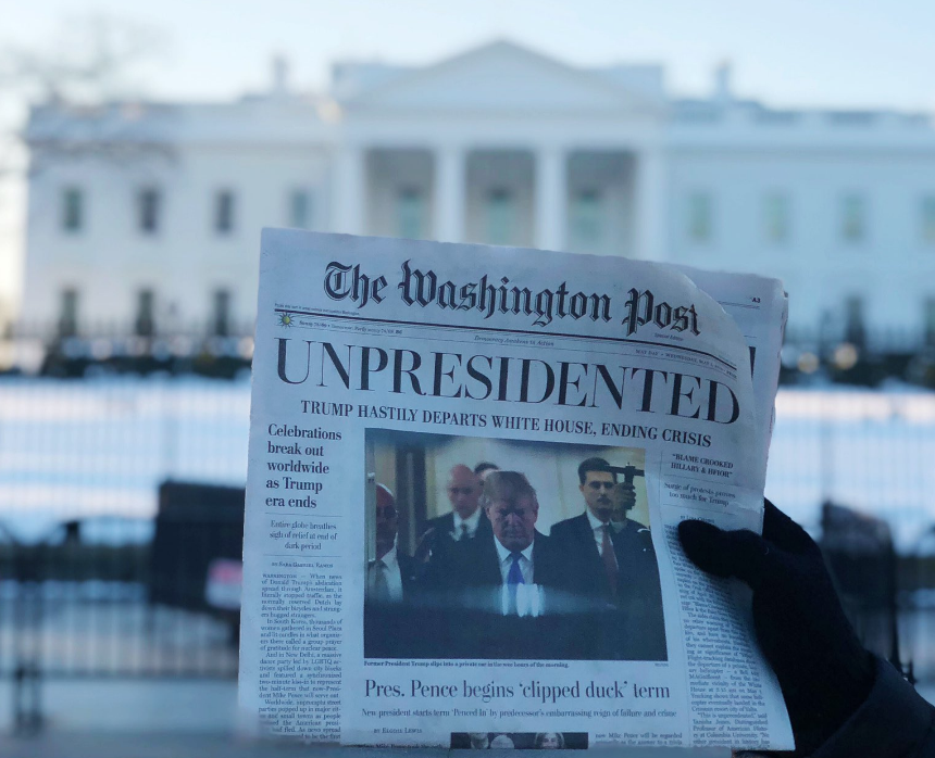 MoveOn, a progressive political action group, reportedly circulated fake newspapers declaring the supposed end to Donald Trump's presidency in Washington 16 January 2019.
