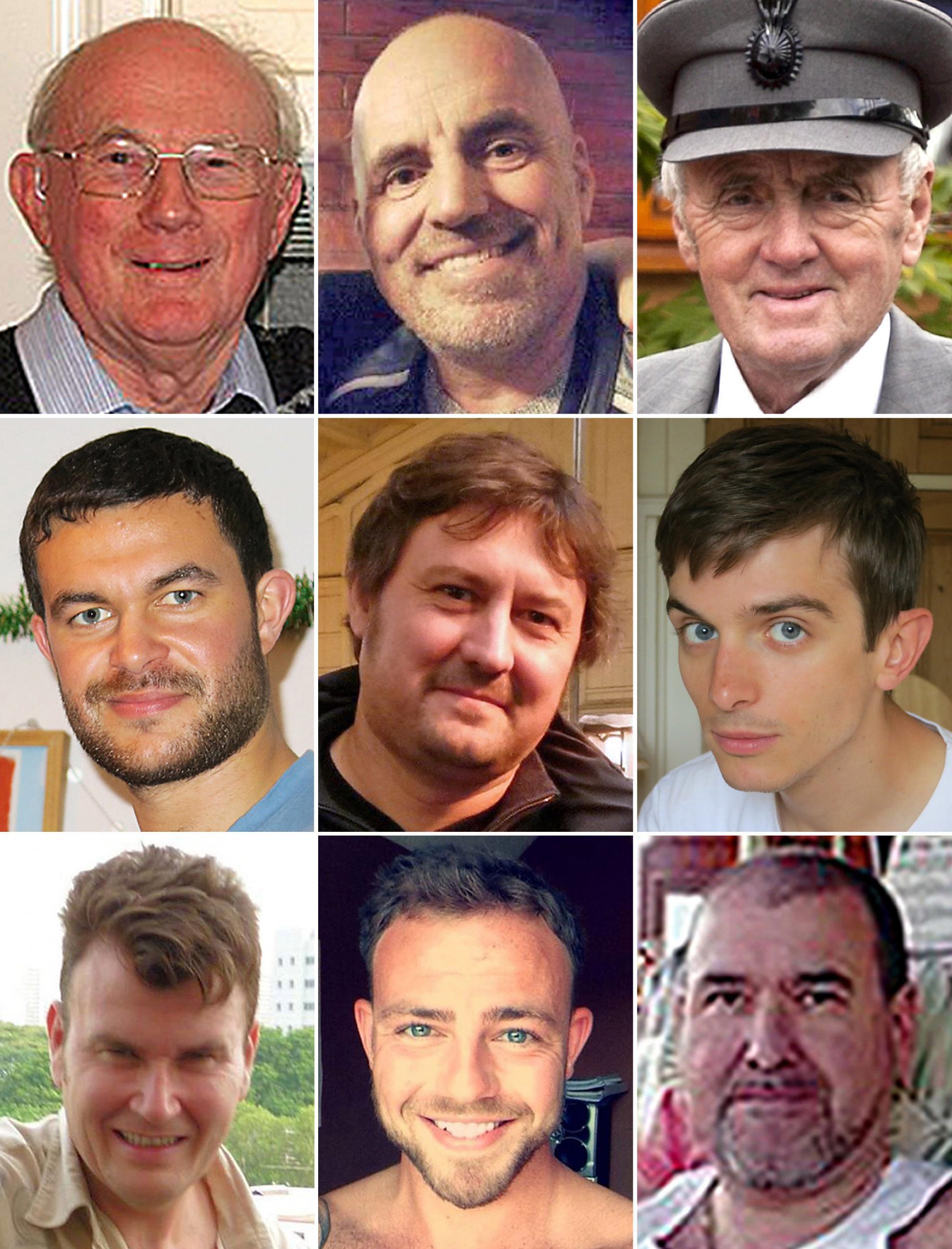 Those who died in the Shoreham air show crash included: (top row, left to right) Graham Mallinson, Mark Trussler and Maurice Abrahams, (middle row, left to right) Matthew Grimstone, Dylan Archer and Richard Smith, (bottom row, left to right) Tony Brightwell, Matt Jones and Mark Reeves. (PA)