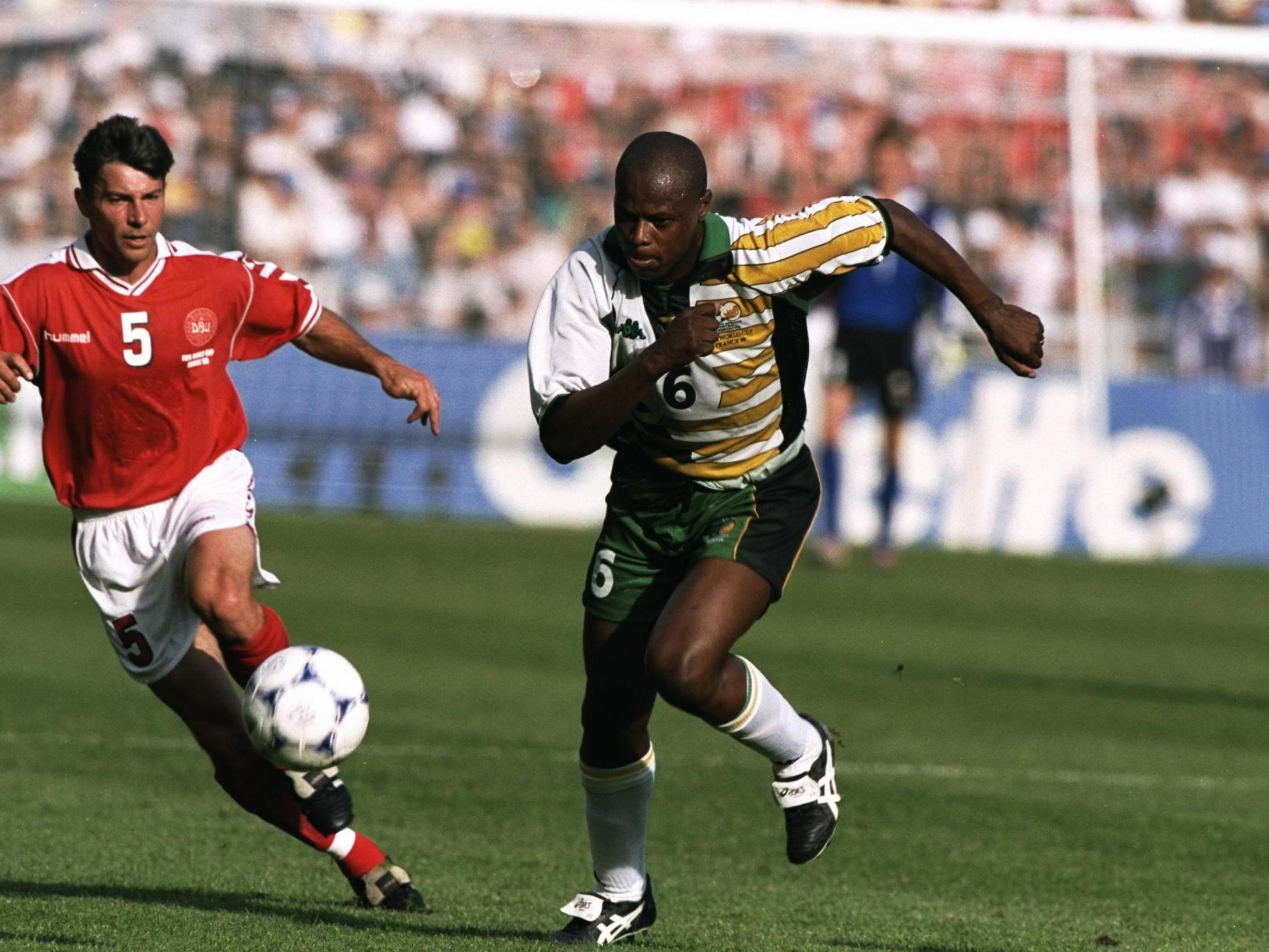 Masinga turning out for South Africa against Denmark during World Cup 98
