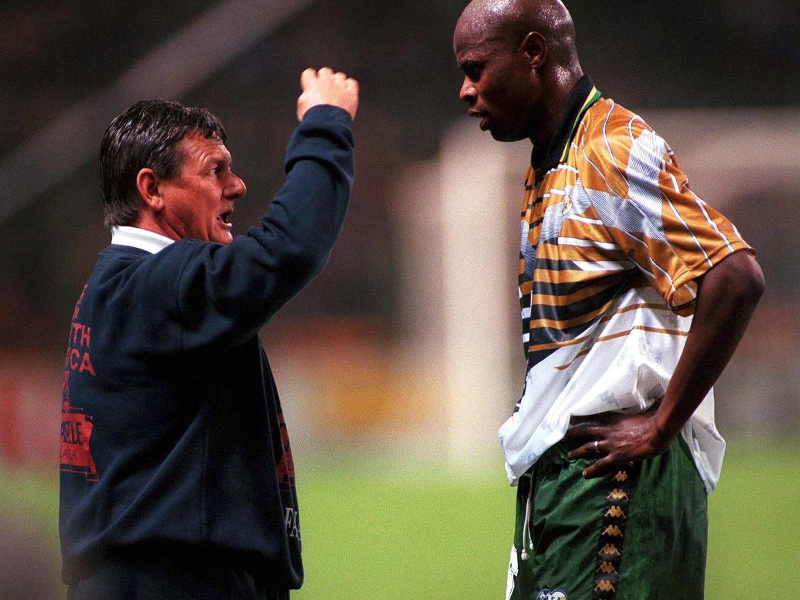 The lofty striker with South Africa coach Clive Barker