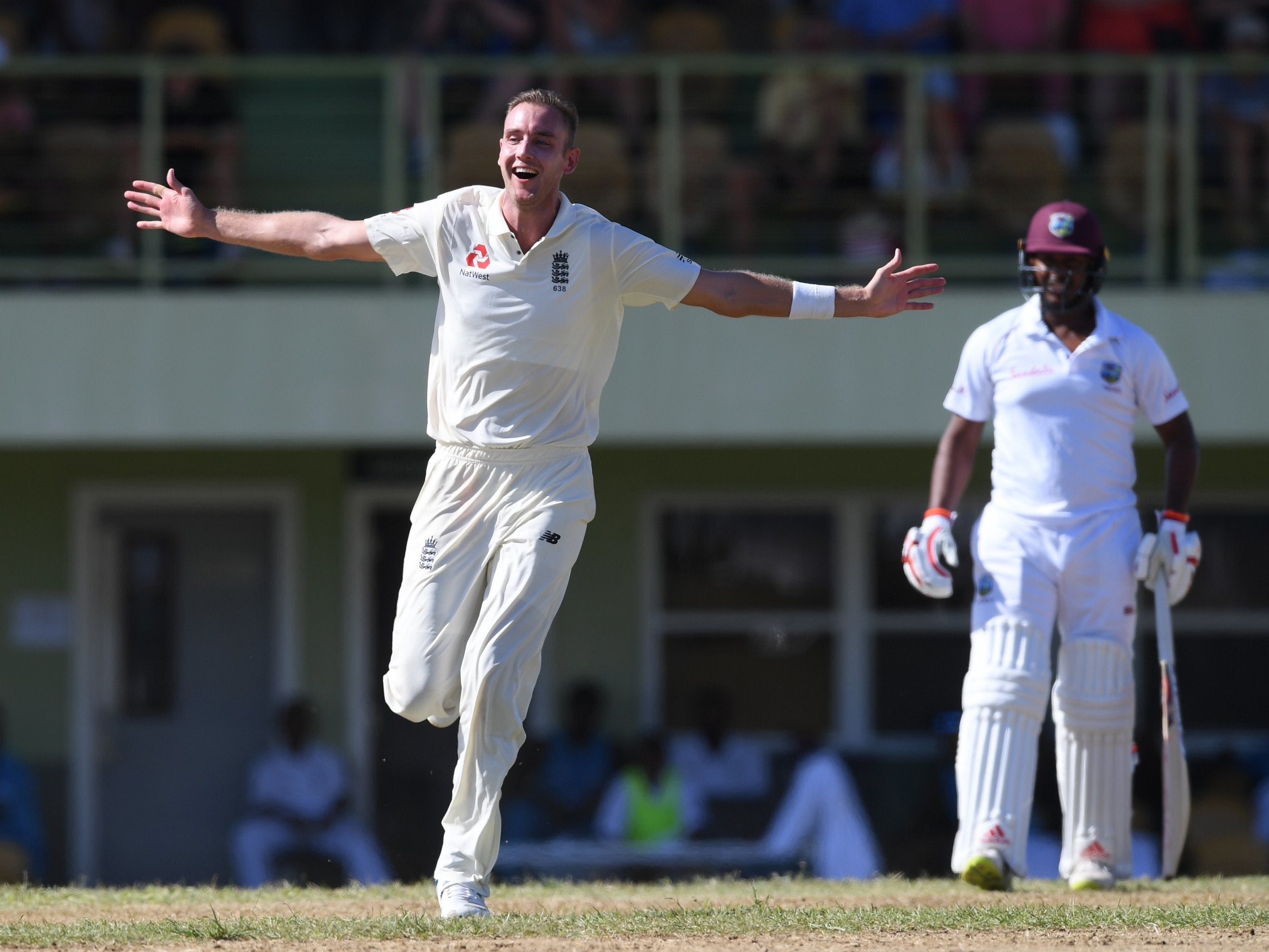 Stuart Broad celebrates a hat-trick against West Indies Board XI