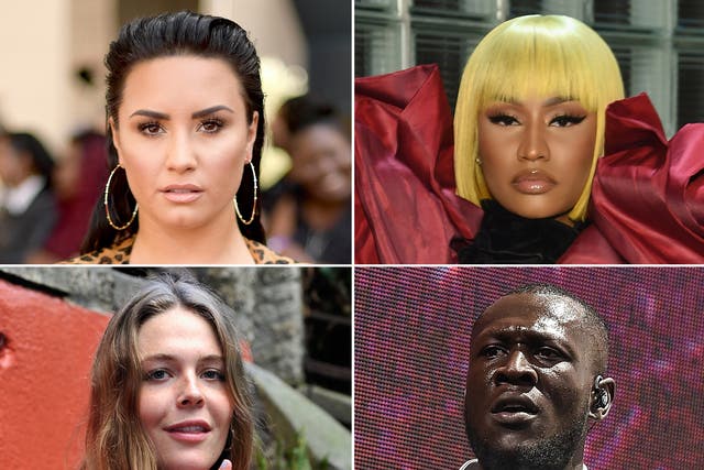Clockwise from top left: Demi Lovato, Nicki Minaj, Stormzy and Maggie Rogers have all been open about mental health issues