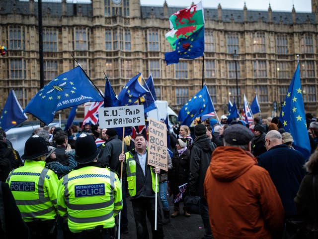 Brexit protesters outside the Houses of Parliament