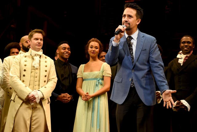 Lin-Manuel Miranda and the cast appear onstage at the opening night curtain call for Hamilton at the Pantages Theatre on 16 August, 2017 in Los Angeles, California.