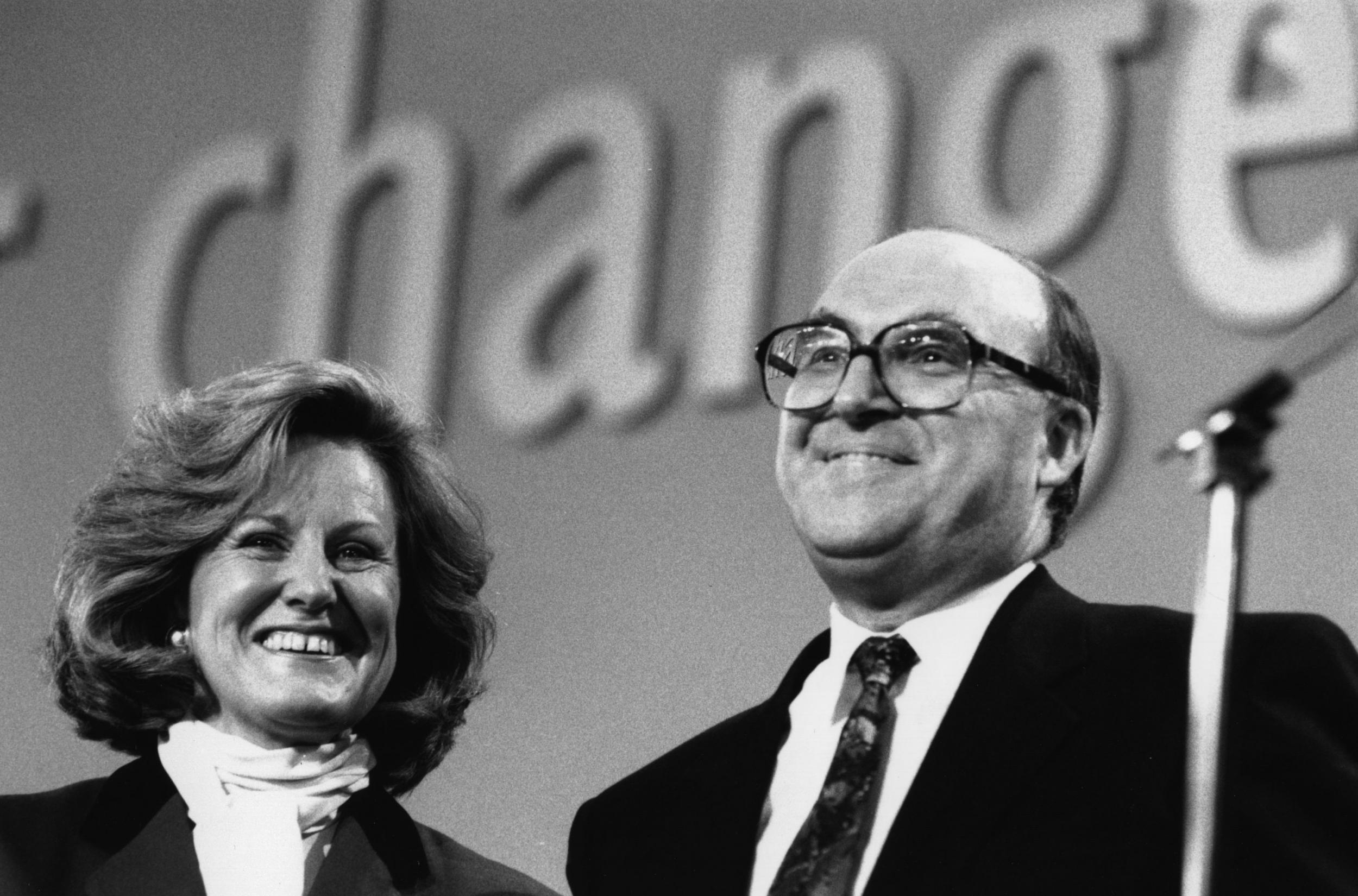 With his wife Elizabeth, Baroness Smith of Gilmore, who survives him, in 1992