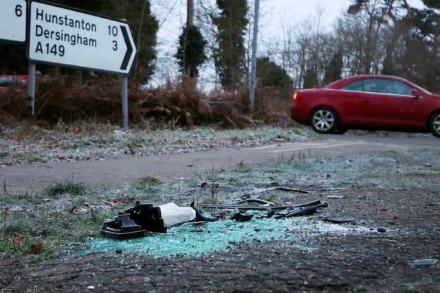 Debris is seen at the scene where Britain's Prince Philip was involved in a traffic accident, near the Sandringham estate