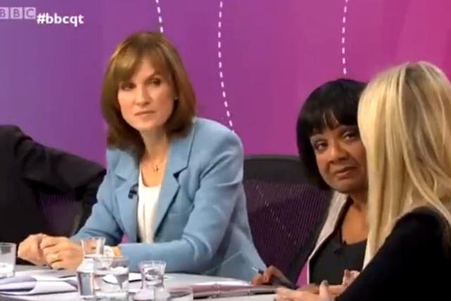 Diane Abbott between host Fiona Bruce and panellist Isabel Oakeshott during Thursday’s programme