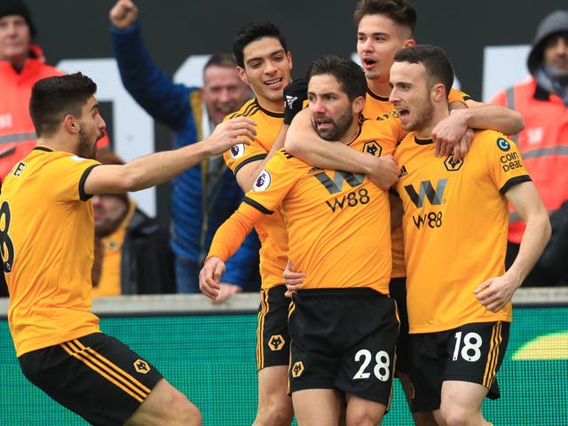 Wolves celebrate Diogo Jota's opening goal against Leicester
