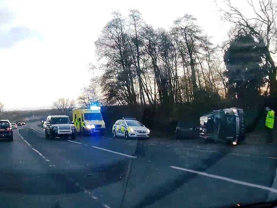 The scene of Thursday’s car crash involving Prince Philip on A149 in Sandringham, Norfolk (Reuters)