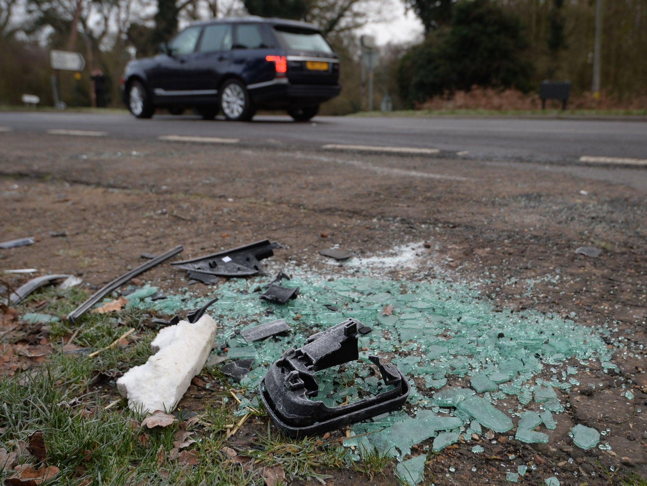 Broken glass and car parts on the side of the A149 near to the Sandringham Estate where the Duke of Edinburgh was involved in a crash on Thursday