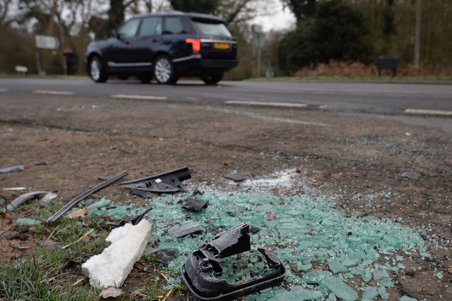 Broken glass and car parts on the side of the A149 near to the Sandringham Estate where the Duke of Edinburgh was involved in a crash on Thursday