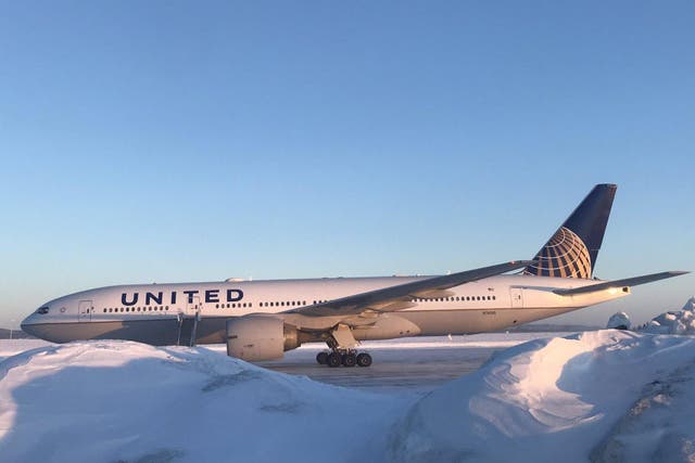 Snow zone: the United Airlines flight landed at Goose Bay, Labrador, where the temperature is –20C