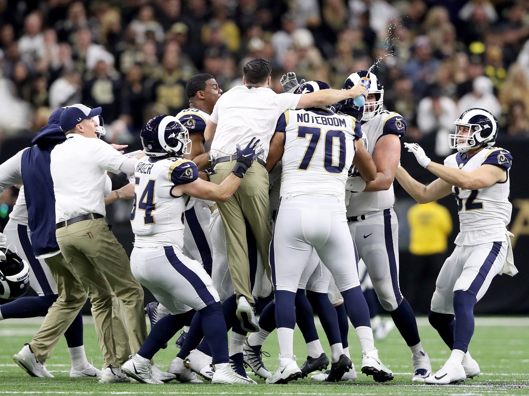 The Rams celebrate after defeating the Saints (Getty)