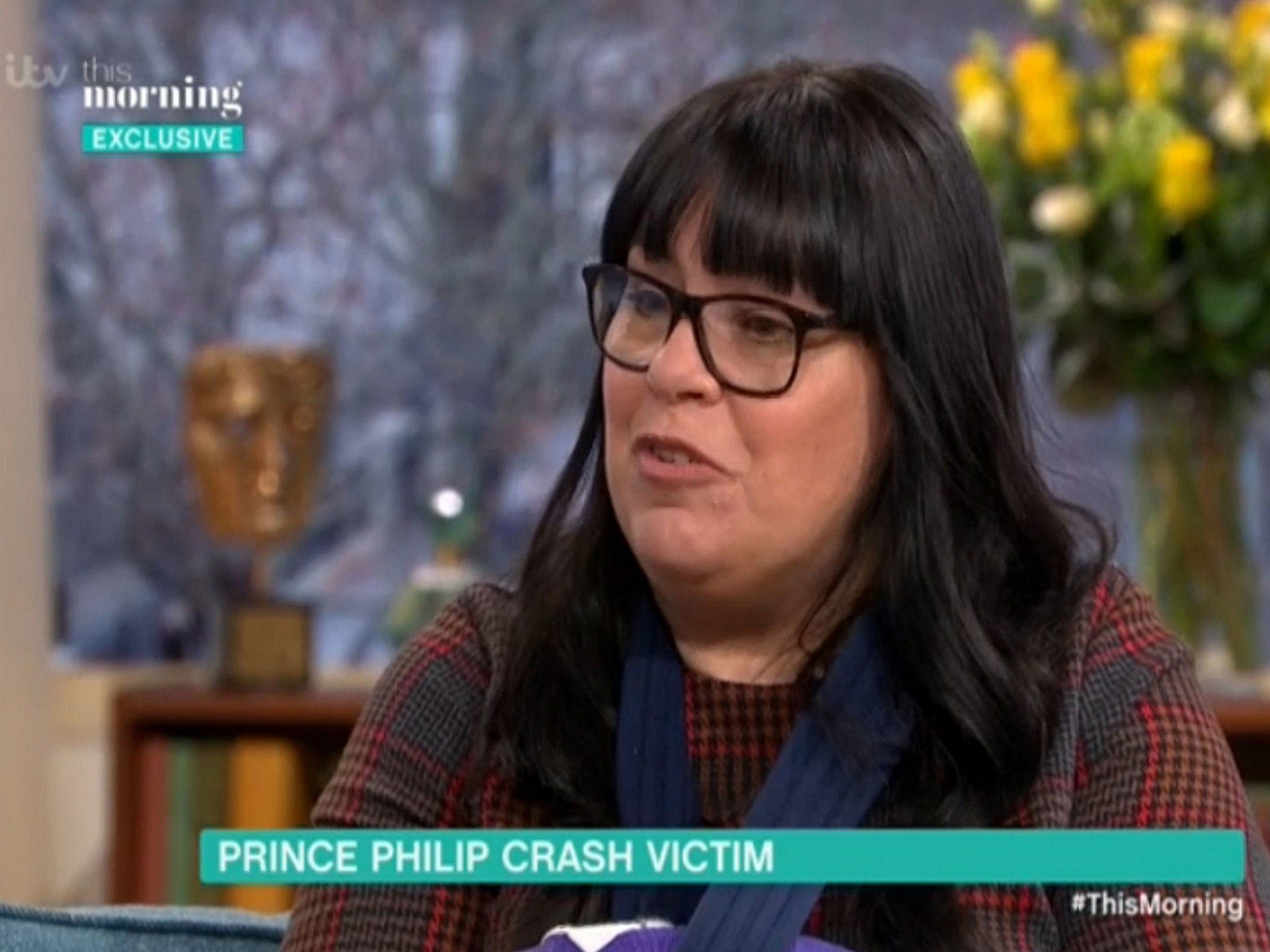 Emma Fairweather, whose wrist was broken in a car crash involving Prince Philip in Sandringham, Norfolk, on 17 January, appears on ITV's This Morning.