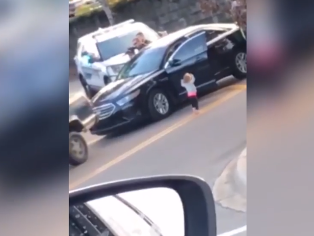 Toddler puts her hands up in front of armed police as father is arrested