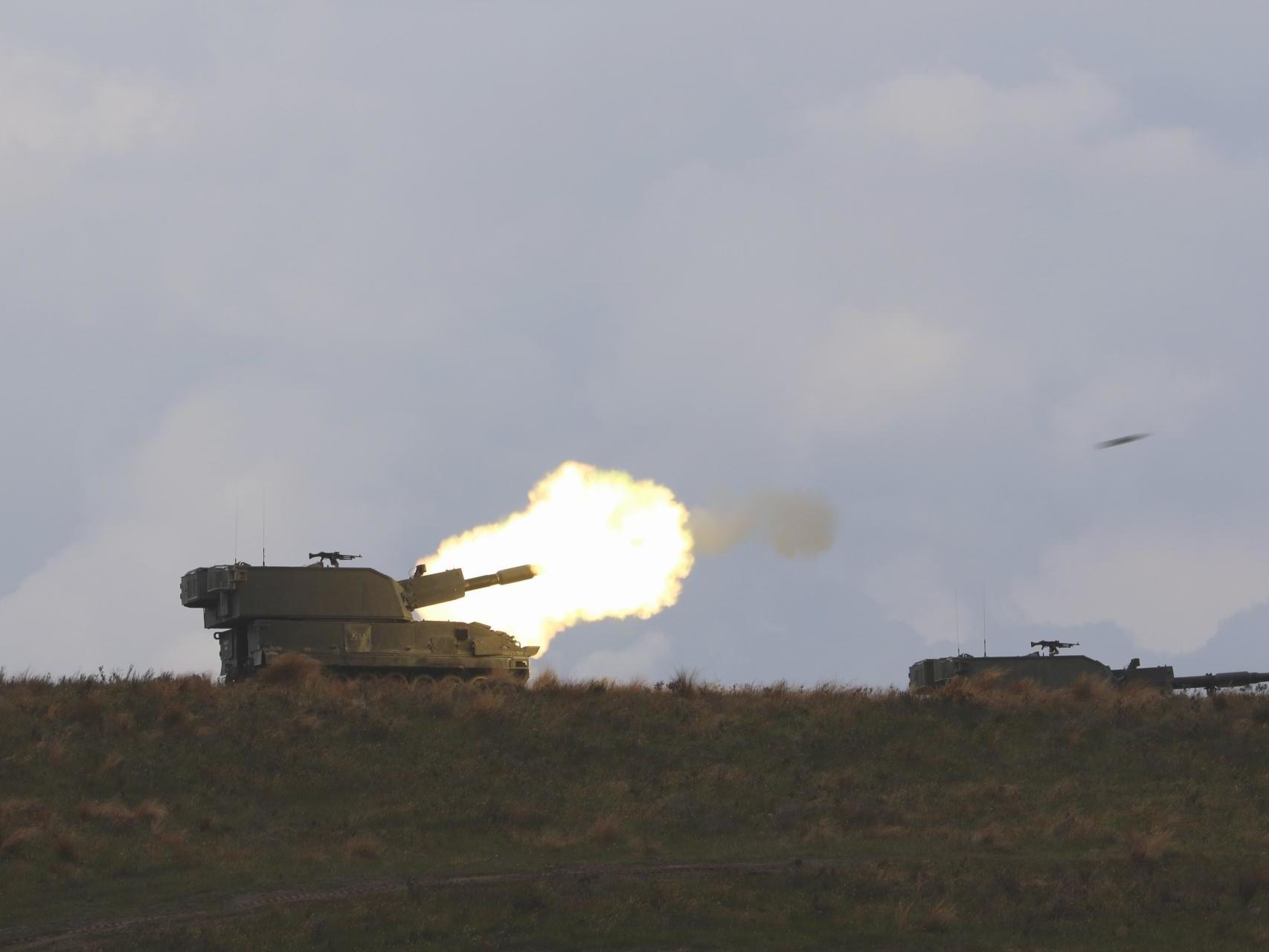 A Singapore self-propelled howitzer takes part in the live-firing exercise in New Zealand