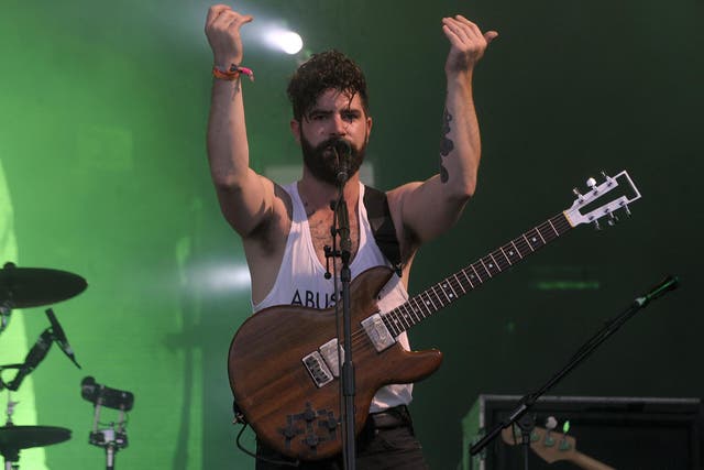 Yannis Philippakis of Foals performs on the Pyramid stage on day three of the Glastonbury Festival of Music and Performing Arts on Worthy Farm near the village of Pilton in Somerset, South West England, on 24 June, 2016.