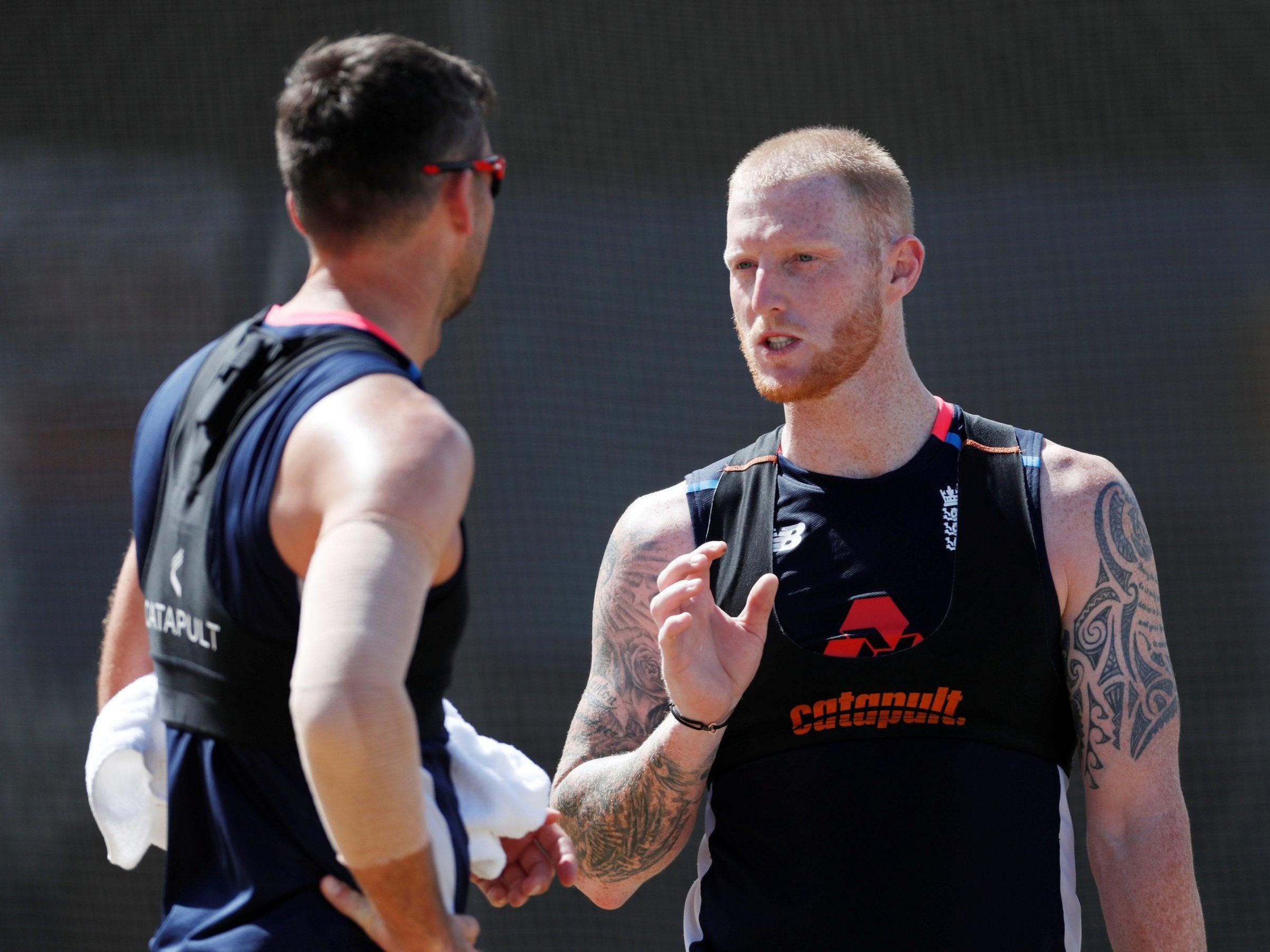 Ben Stokes chats with James Anderson in Bridgetown