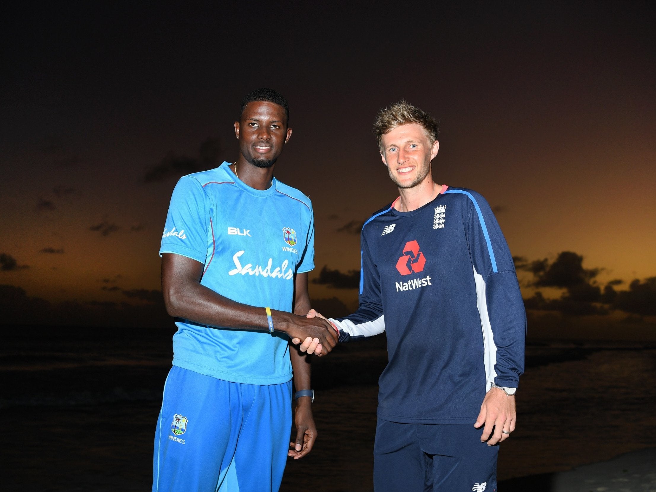 West Indies captain Jason Holder and England captain Joe Root shake hands