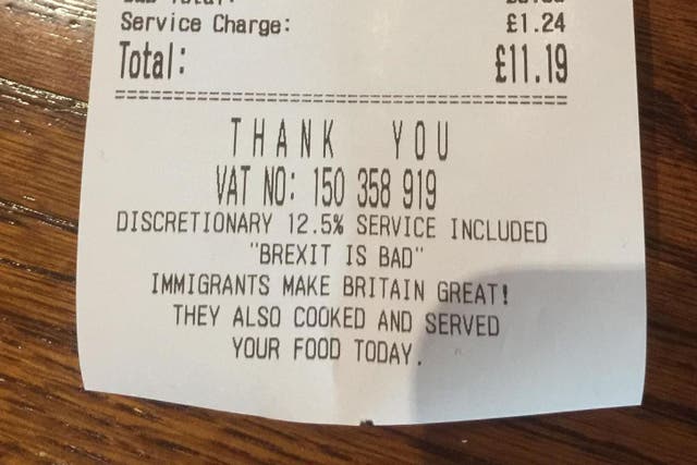 Restaurant owner Ibrahim Dogus took a photograph of the anti-Brexit message printed on a receipt at Westminster Kitchen
