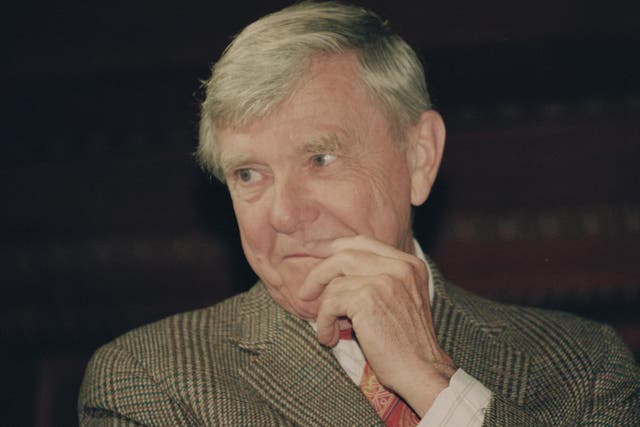 Russell Baker ponders a reporter's question during a New York news conference where he was presented as the successor to host Alistair Cooke for the PBS series Masterpiece Theatre on 23 February, 1993.