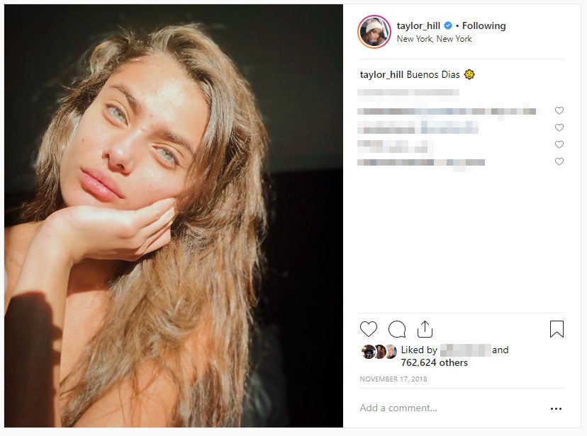 Taylor Hill posts make-up free selfie on Instagram