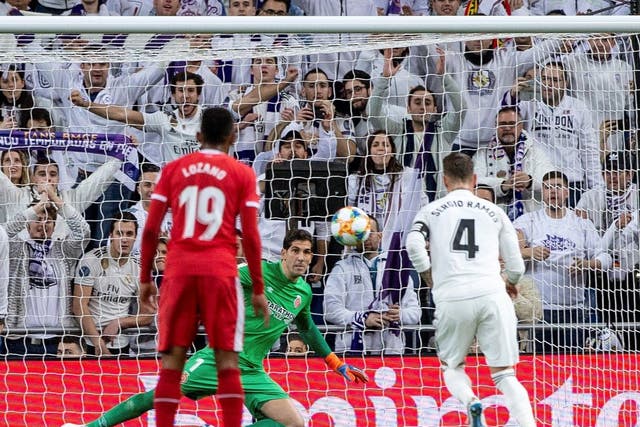 Real Madrid defender Sergio Ramos scores