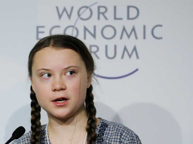 Swedish environmental activist Greta Thunberg, 16, takes part in a panel discussion during the World Economic Forum annual meeting in Davos, Switzerland, 25 January 2019