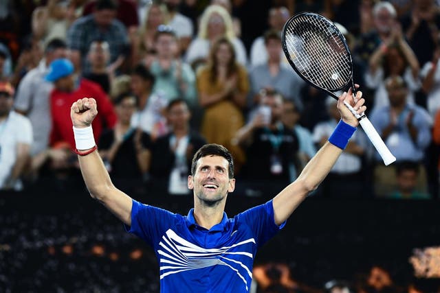 Serbia's Novak Djokovic celebrates his victory against France's Lucas Pouille