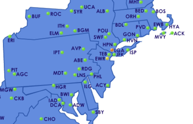 Ground control: flights have been halted at La Guardia airport in New York, marked as LGA on the map