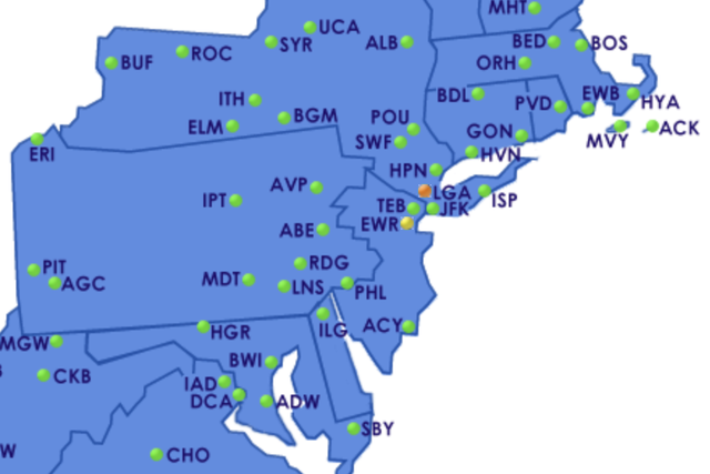 Ground control: flights have been halted at La Guardia airport in New York, marked as LGA on the map