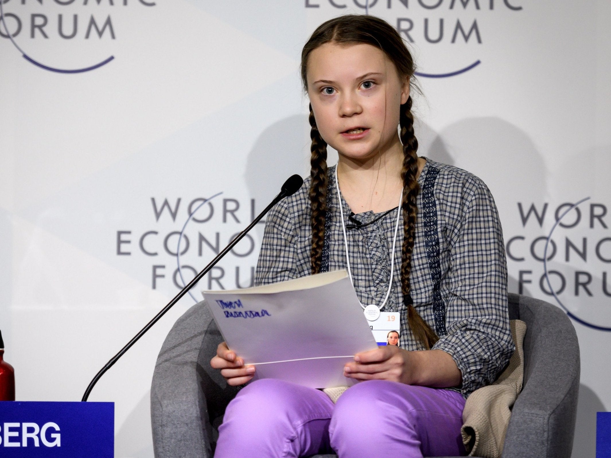 Swedish youth climate activist Greta Thunberg delivers a speech during the closing day of the World Economic Forum