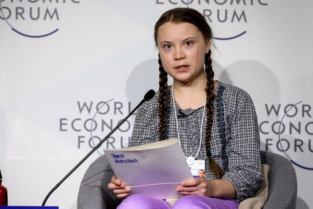 Swedish youth climate activist Greta Thunberg delivers a speech during the closing day of the World Economic Forum