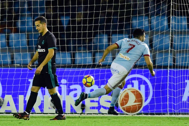 Maxi Gomez in action, scoring against Real Madrid
