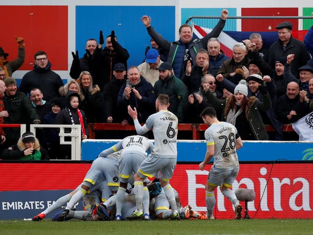 Derby County players celebrate Martyn Waghorn's winning goal against Accrington Stanley