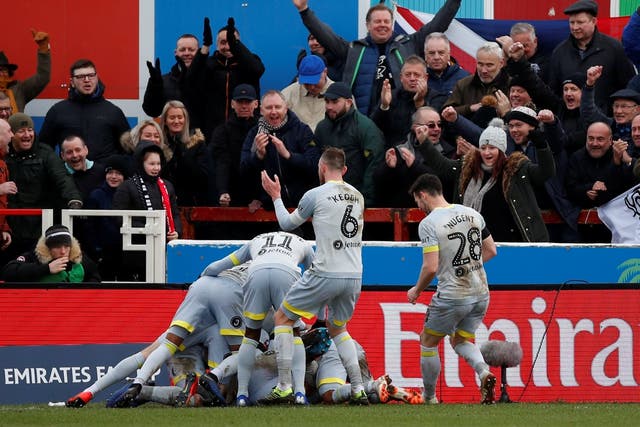 Derby County players celebrate Martyn Waghorn's winning goal against Accrington Stanley