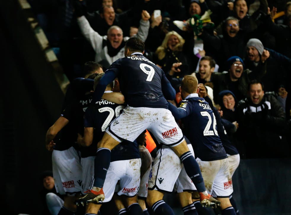 Millwall celebrate their winner vs Everton