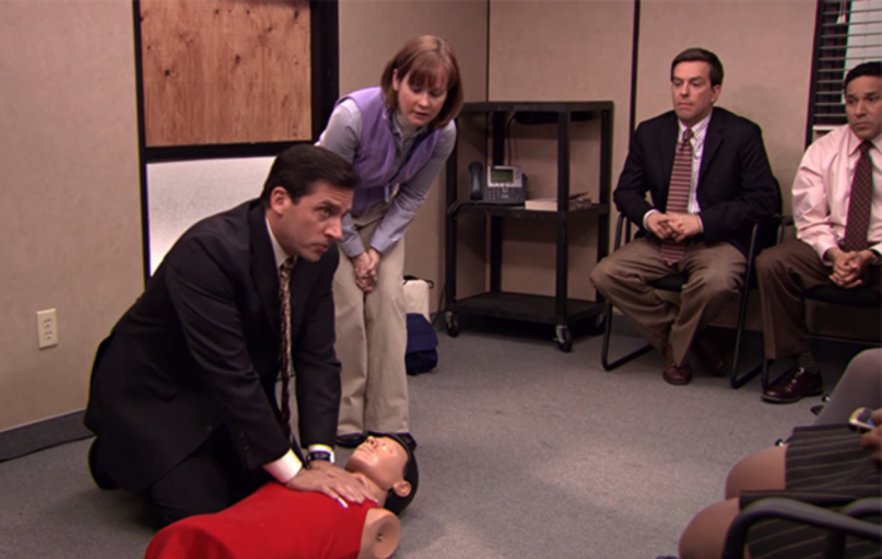Steve Carrell as Michael Scott demonstrates CPR on The Office